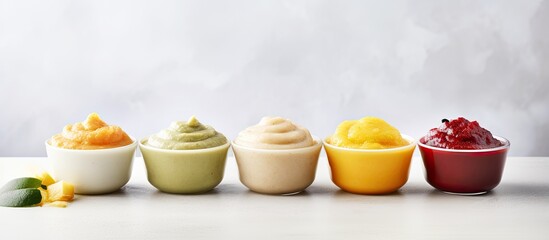 A copy space image of a variety of pureed baby food displayed in clay bowls with ingredients on a white marble background