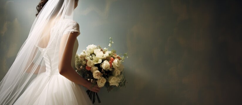 An attractive bride showcasing elegant wedding accessories including rings shoes a bridal bouquet floral arrangements and a veil Perfect as a copy space image for text or as a background for a greeti