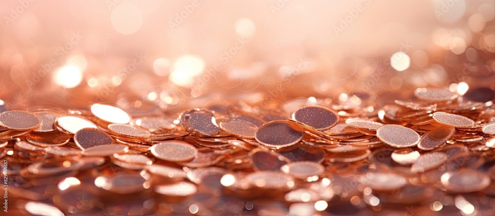 Poster closeup image of a festive sequins background with a texture of sparkling rose gold glitter creating