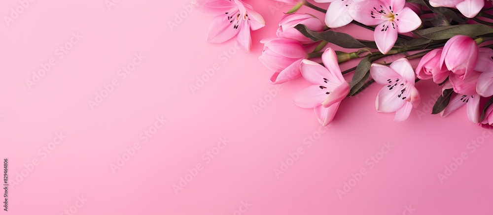 Poster top view of a bouquet of pink flowers on a pink background with copy space image for your text