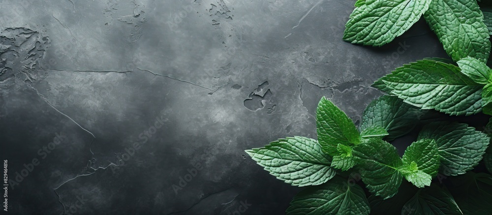 Poster a top down perspective of mint leaves placed on a stone table providing ample blank space for additi