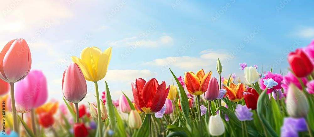 Poster a colorful spring meadow with vibrant tulip flowers creates a beautiful natural background for easte