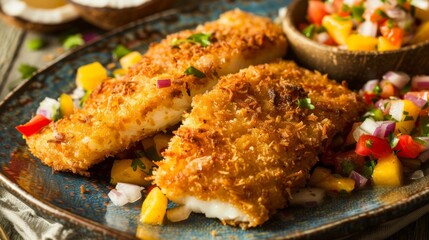 A platter of golden brown coconut crusted fish fillets served with a side of tropical fruit salsa.