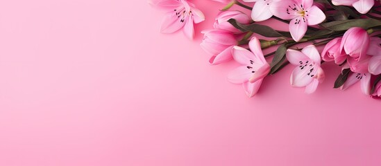 Fototapeta premium Top view of a bouquet of pink flowers on a pink background with copy space image for your text