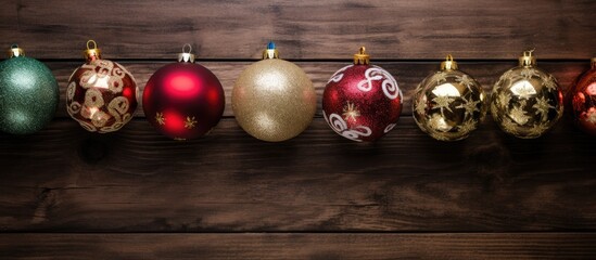 There is a top down view of Christmas baubles against a wooden background The image provides ample empty space for additional content - Powered by Adobe