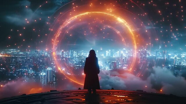In a futuristic city a hero teleports through a circle portal emerging in a world where magic and technology intertwine