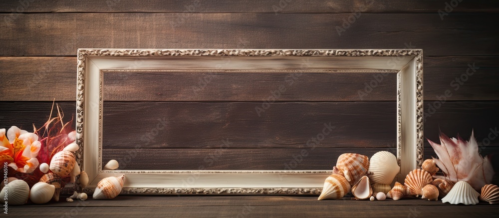 Poster a copy space image featuring a vintage picture frame adorned with sea shells placed on top of a wood