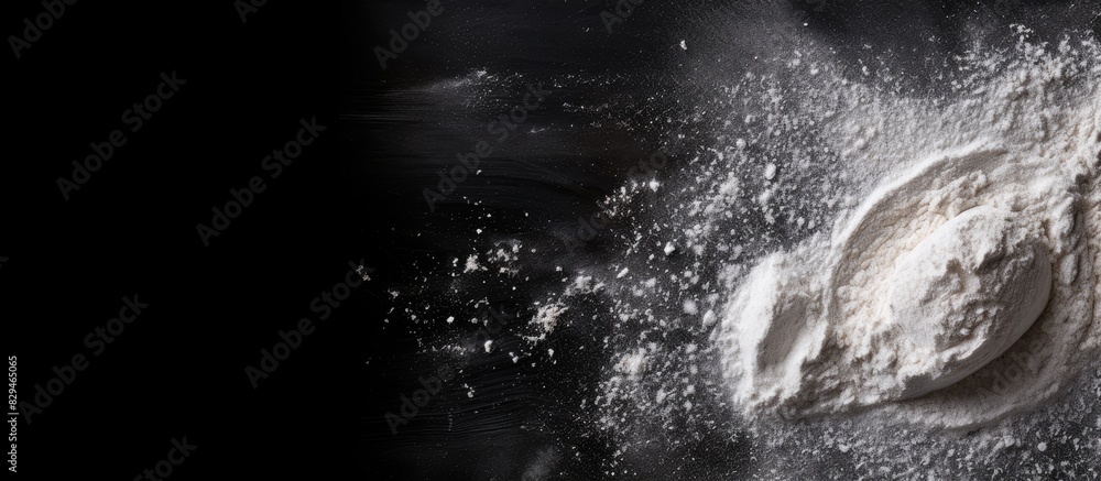 Poster a top view of a black background with sprinkled flour creating a baking ambiance there is ample copy
