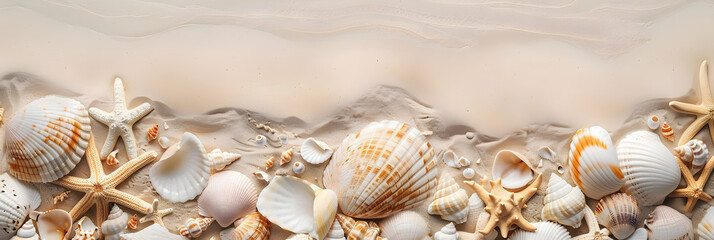 Fototapeta premium A sandy background adorned with sea shells providing ample room for a copy space image