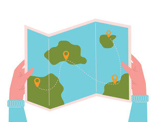 Vector flat illustration of Folded Paper Map In human Hands. Starting point, route, destination. Visual concept in colorful modern style. Travelling concept.