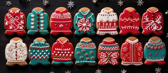 A festive arrangement of holiday themed Christmas sweater cookies topped with colorful Christmas decorations against a blank background for copy space image