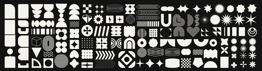 Mega geometric and abstract shapes collection. Abstract symbols set. Set of geometric brutalism shapes. Figures, stars, spiral flower and circles