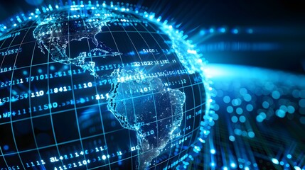 Fototapeta premium America-centric digital world globe illustrating high-speed data transfer and global network hubs within the realm of cyber technology