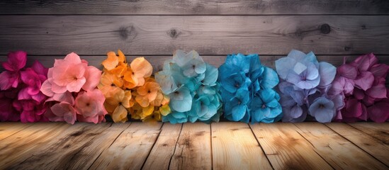 Vintage wallpaper color sets the mood with colorful flower petals on old wooden boards creating a captivating copy space image