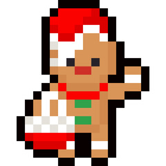 Pixel art gingerbread man with santa hat and basket