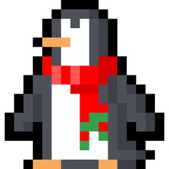 Pixel art cartoon penguin with red scarf character