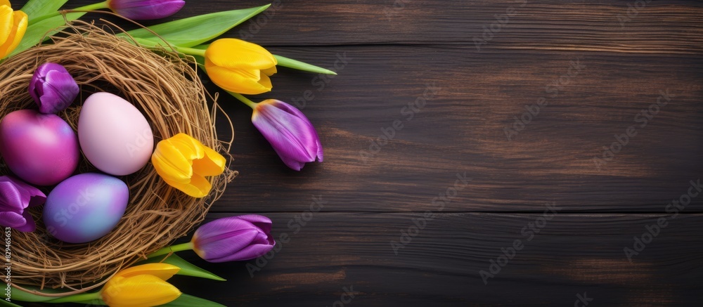 Poster top view of a beautiful easter background featuring a nest filled with eggs surrounded by purple and