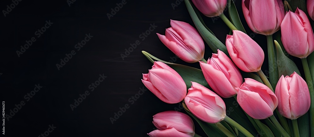 Poster a top view of pink tulips on a dark background arranged flat and leaving space for the addition of i