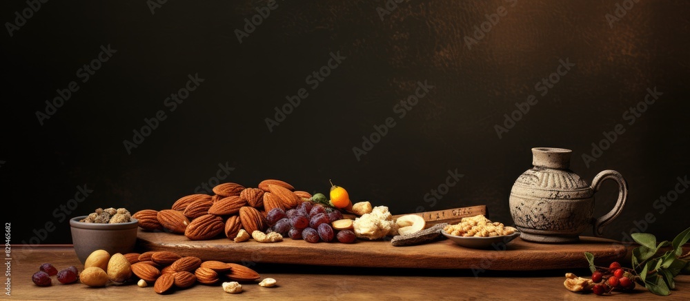 Poster on an antique table there is a cutting board with dried fruits nuts hazelnuts and almonds creating a