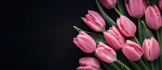 A top view of pink tulips on a dark background arranged flat and leaving space for the addition of images or text. Copyspace image