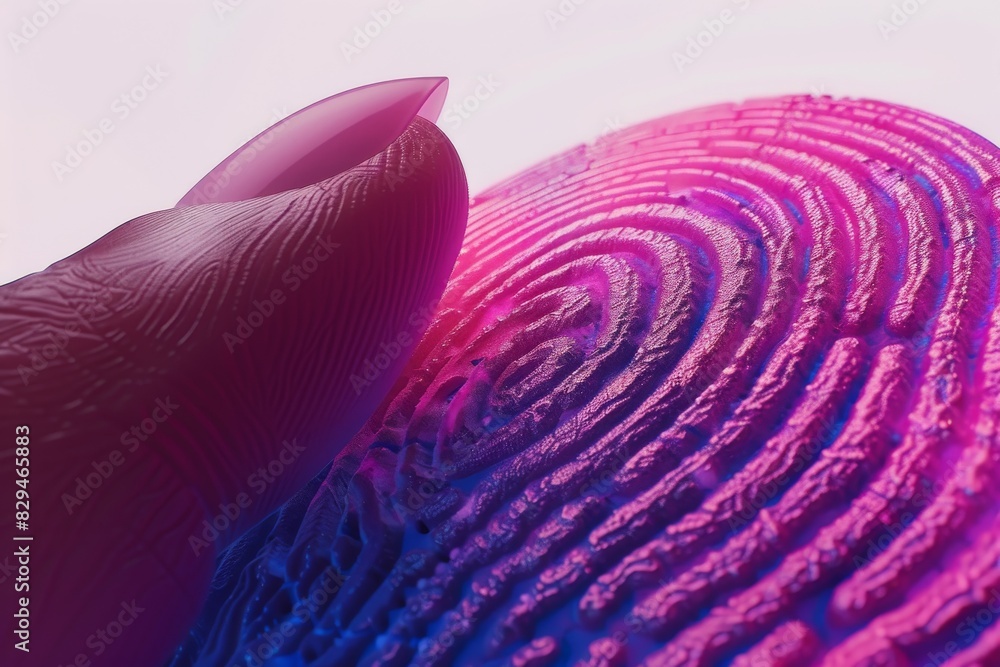 Poster close-up of a fingertip with a purple texture, illustrating unique biometric data and fingerprint id