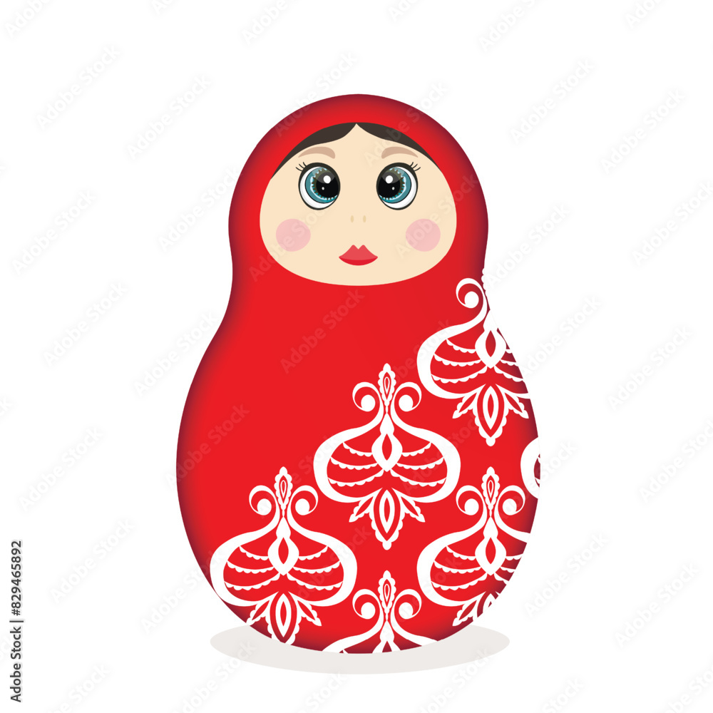 Wall mural Russian Matryoshka. Traditional Russian folklore dolls with big eyes and lips. Babushka doll with hohloma, traditional painted floral pattern. Hand drawn vector illustration