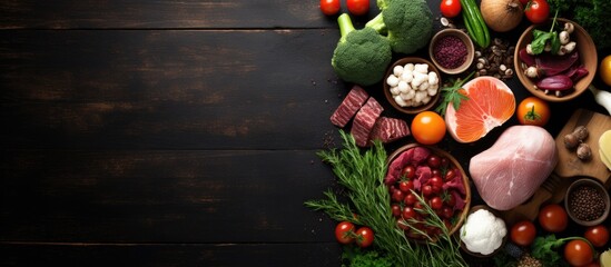 Top view copy space image of a nutritious and well balanced organic food background The composition...