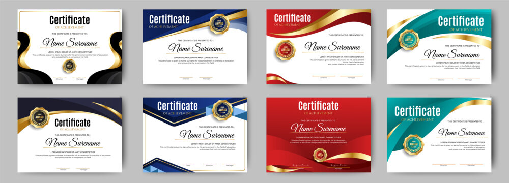 Certificates of completion template with luxury badge and modern line and shapes. Horizontal certificate For award, business, and education needs. Diploma vector template	 - Powered by Adobe