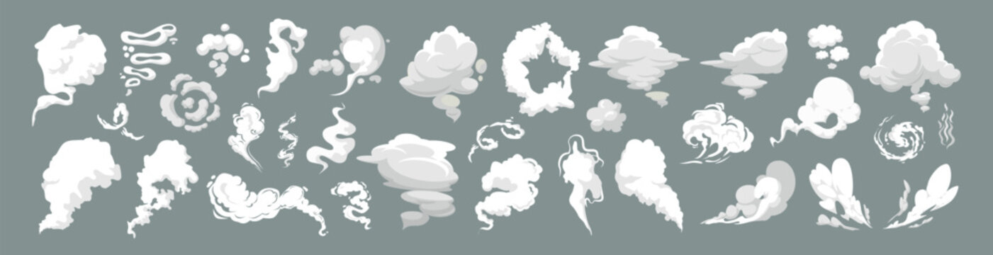 smoke cloud comic set. Comic smoke flows, dust, smog and smoke steaming cloud silhouettes