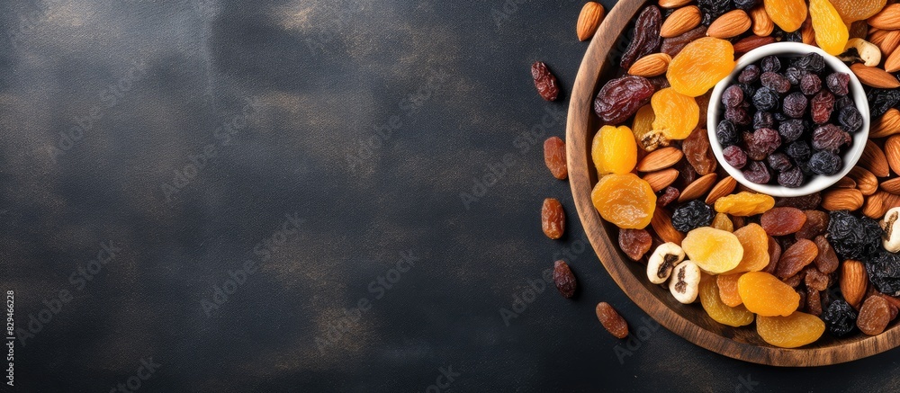 Poster top view of a table background featuring a bowl filled with an assortment of dried fruits creating a