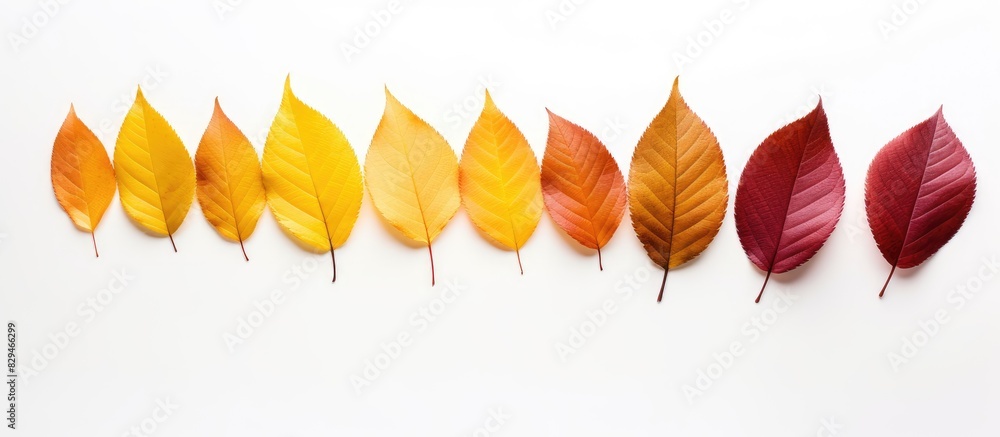 Poster top view of seasonal autumn leaves arranged in a gradient pattern on a white background this minimal