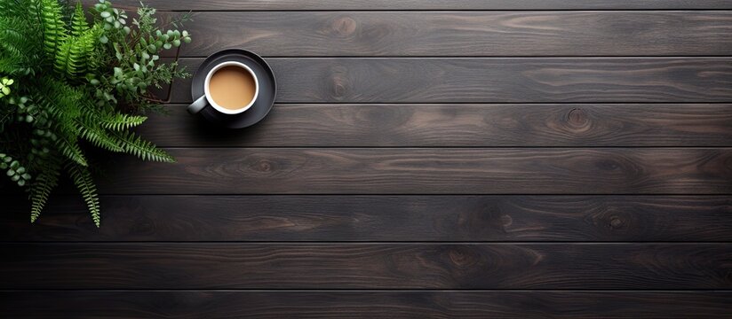 The top down view of a black wooden office desk features a computer keyboard notepad plant and cup of coffee There is ample space for additional content in the image