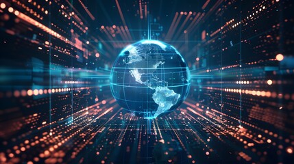 Obraz premium Cyber technology-themed global network hub with an America-centric digital world globe, highlighting rapid data transfer and connectivity