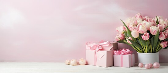 A Mother s Day themed image featuring flowers gifts a calendar and a blank space for adding text or images. Copyspace image