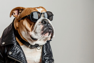 A dog wearing sunglasses and a leather jacket