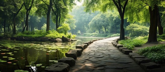 Path surrounded by stones with a pond and lush green trees covered in fresh leaves providing a serene and picturesque setting in the park Copy space image - Powered by Adobe