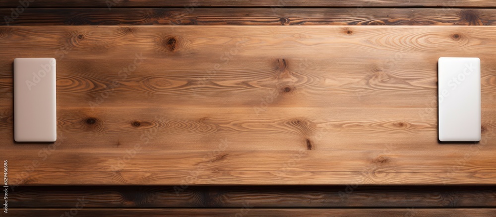 Poster a wooden table with a top view of a tablet and gadget both with blank screens offers ample copy spac