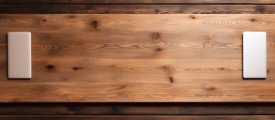 A wooden table with a top view of a tablet and gadget both with blank screens offers ample copy space