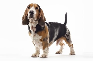 The inquisitive look of this Basset Bleu de Gascogne is captured as it tilts its head, with its signature floppy ears framing its face. The dog's piebald coat is beautifully contrasted on white.