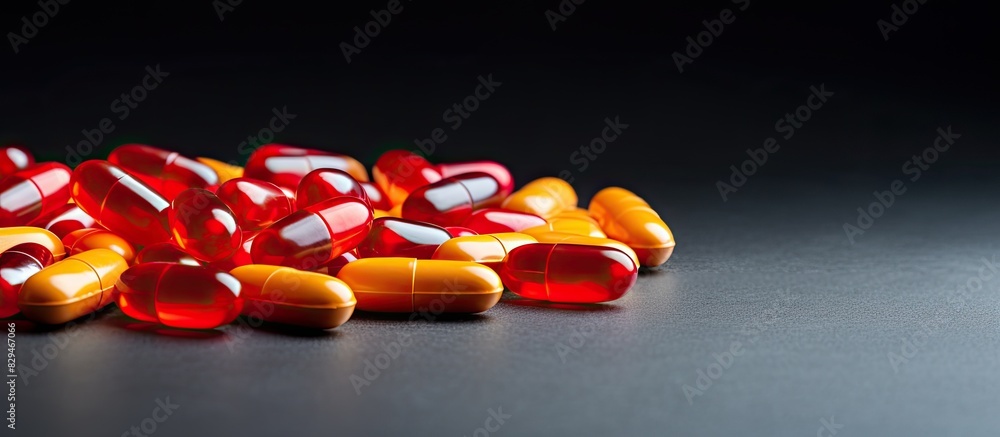 Poster colorful pills and capsules arranged on a gray background with empty space for text or images. copys