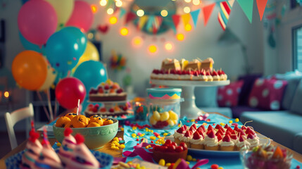 Colorful birthday celebration with whimsical cupcakes and festive balloons	
