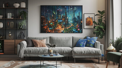 Bright living room with gray couch and painting