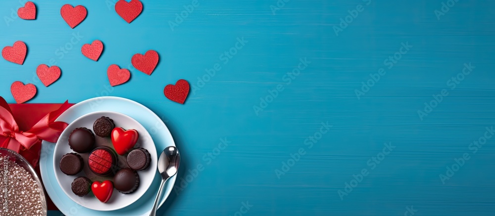 Poster a top view image of a valentine s day table setting showcasing a plate adorned with hearts a red gif