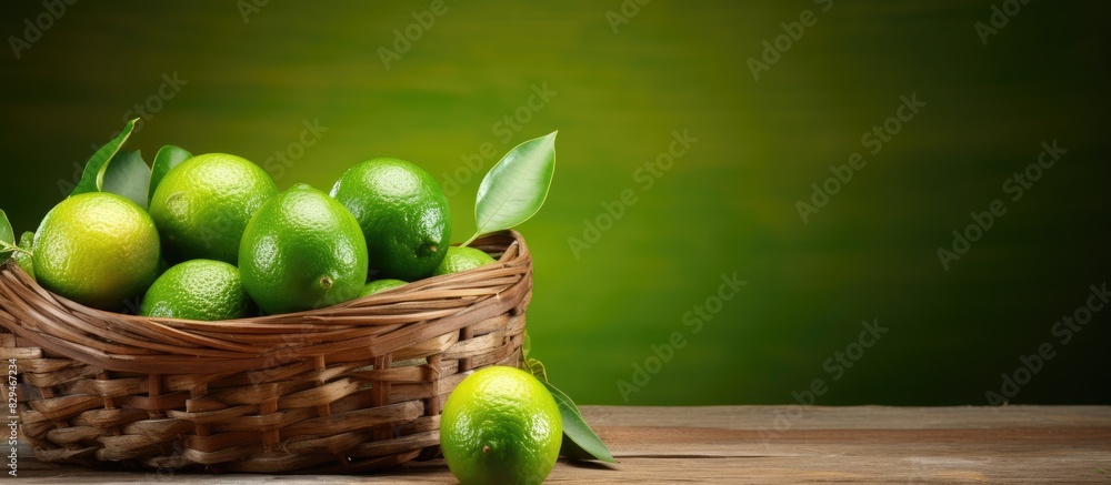 Poster a wicker basket filled with fresh ripe limes sits on a wooden table providing a perfect spot for add