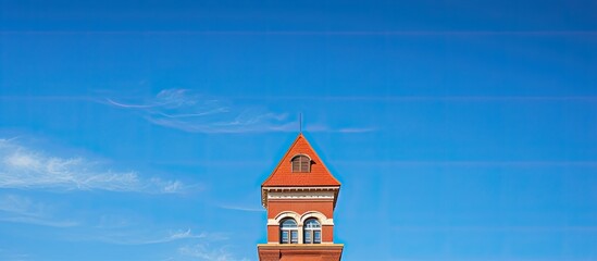 A school building stands tall against the backdrop of a clear blue sky creating a captivating educational image with ample copy space