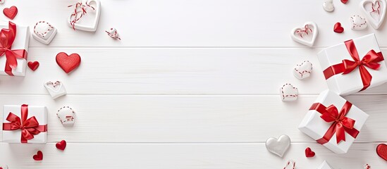 Top view of an elegant gentle wedding background featuring white gift boxes adorned with red bows sweet lollipops hearts all arranged on a white wood board with ample copy space for images