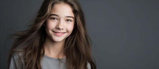 Closeup portrait of a charming teenage girl with a flirtatious expression smiling confidently in an isolated grey backdrop Ample copy space image available