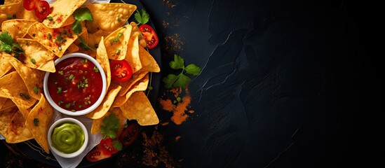 Top view of Mexican corn chips nachos with sauces on a dark background providing ample copy space for images - Powered by Adobe