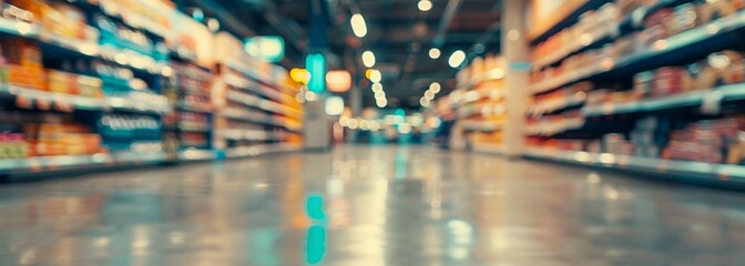 Supermarket aisle background. Supermarket interior. Blurred background