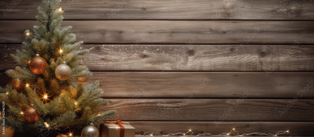 Poster a festive christmas fir tree adorned with decorations displayed on a rustic wooden board creating an